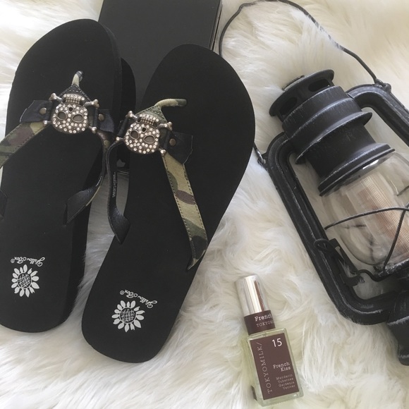 yellow box camo flip flops